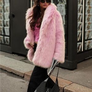 Women's Pink Faux Fur Coat shaggy warm winter autumn jacket